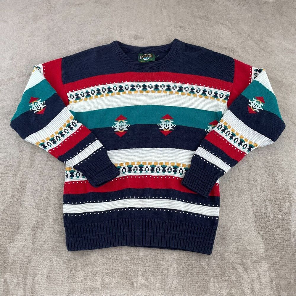 Vintage Jantzen Sweater Men Medium Multi Geometric Pullover Grandpa 90s Festive